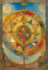 Obraz premium Symbolist printmaking, and painting with spiritual themes resonant with Tarot. Vintage Symbolist inspired themes and technique. Colorful metaphoric art with archetypal concepts. 
