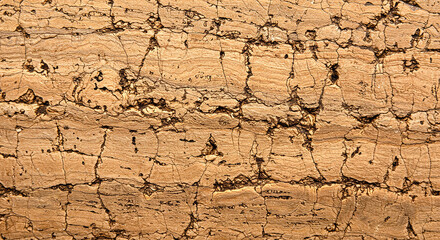 Close up shot displaying a brown cork material with a detailed crackled and textured surface look