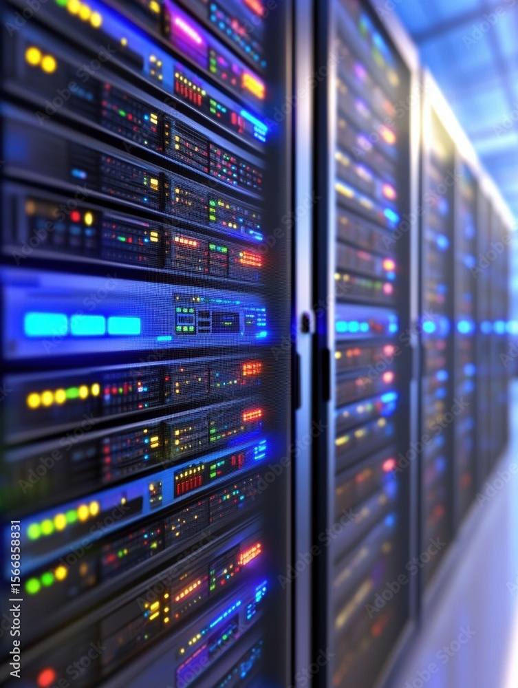 Poster esg, environment and investment server racks with colorful lights in a data center environment.