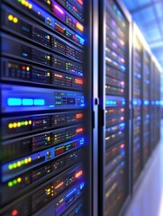 Naklejka premium ESG, Environment and Investment Server racks with colorful lights in a data center environment.