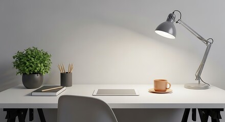 Modern Minimalist Home Office Desk Setup with Desk Lamp and Plant