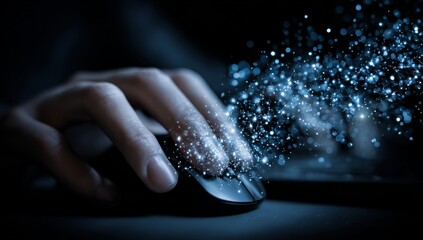 Hand Using Computer Mouse with Digital Particles Effect for Innovative Technology Concepts