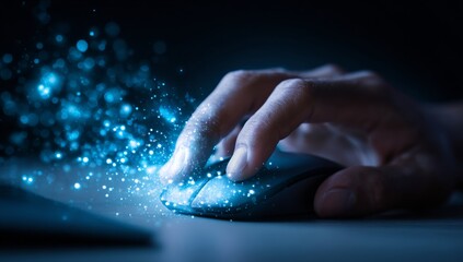 Hand navigating online with a computer mouse surrounded by digital particles, conveying precision and efficiency.