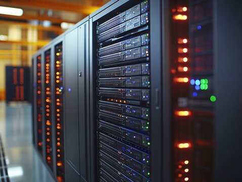 modern data center servers with led indicator lights for cloud computing and network storage