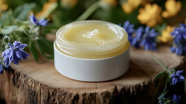un frasco de unguento o pomada en crema para el cuidado corporal o facial aromatico organico y natural balsamo para tratamientos de belleza frescos y relajantes sobre un trozo de madera y flores 