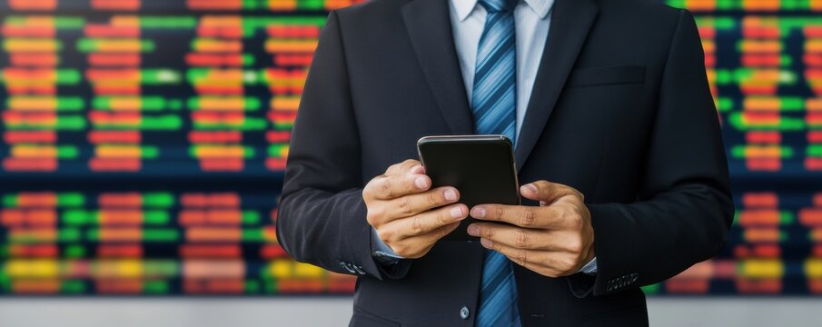 ESG, Environment and Investment Businessman using smartphone with stock market data in the background.