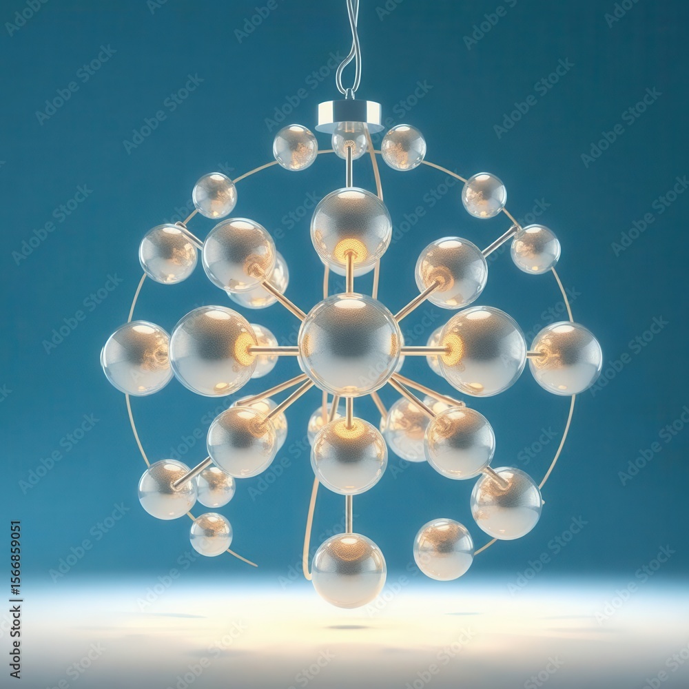 Poster illuminating sphere chandelier with artistic design and elegant light display against a solid blue b