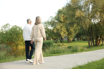Fototapeta premium Lovely senior couple walking together near lake in park, space for text