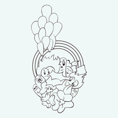 Playful line art doodle featuring cute characters holding balloons with a rainbow background and flowers. Perfect for kids' coloring pages, decorative prints, and fun graphic designs.