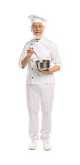 Professional pastry chef with whisk and cooking pot on white background