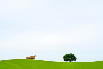 A lone brick house and a vibrant green tree stand on a rolling grassy hill under a vast expanse of pale blue sky with soft white clouds creating a serene minimalist landscape scene