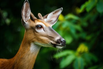 Fototapeta premium Deer Portrait with Velvet Antlers A Serene Glimpse into Wildlife Beauty Amidst Lush Greenery