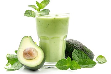 ultra quality picture of Glass of tasty smoothie with mint and avocado on white background