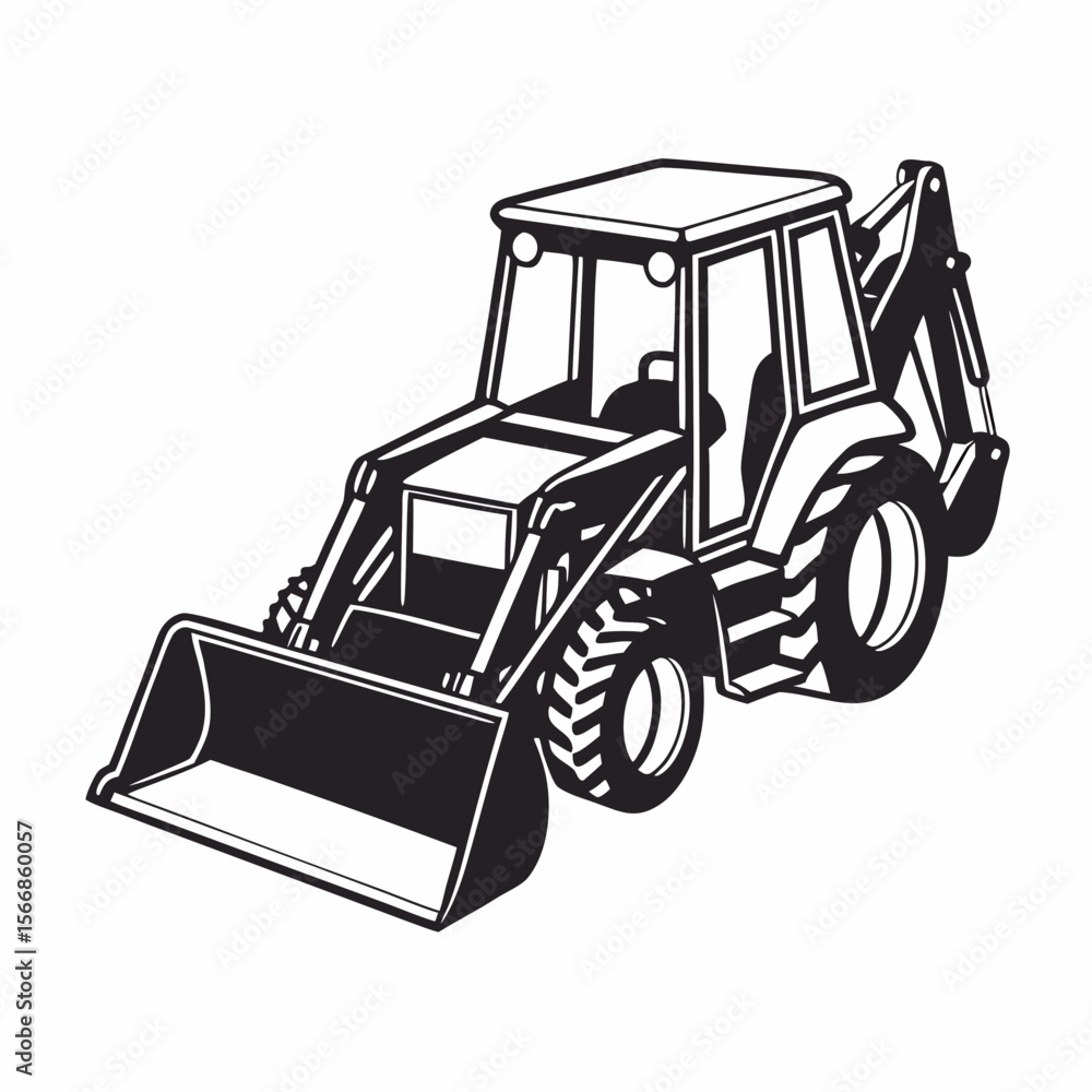 Poster illustration of a backhoe loader with a front bucket and rear digging arm in black and white style c