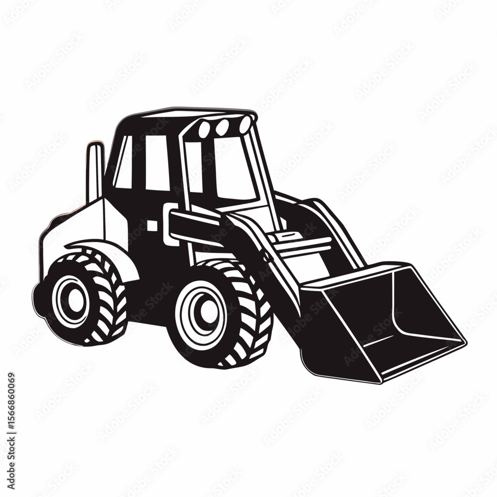 Poster illustration of a black and white skid steer loader with a large bucket in a side view design create