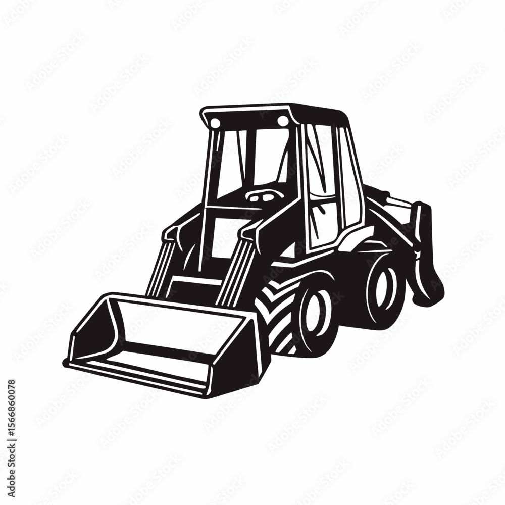 Poster illustration of a black and white skid steer loader with a bucket in a side view on a white backgrou