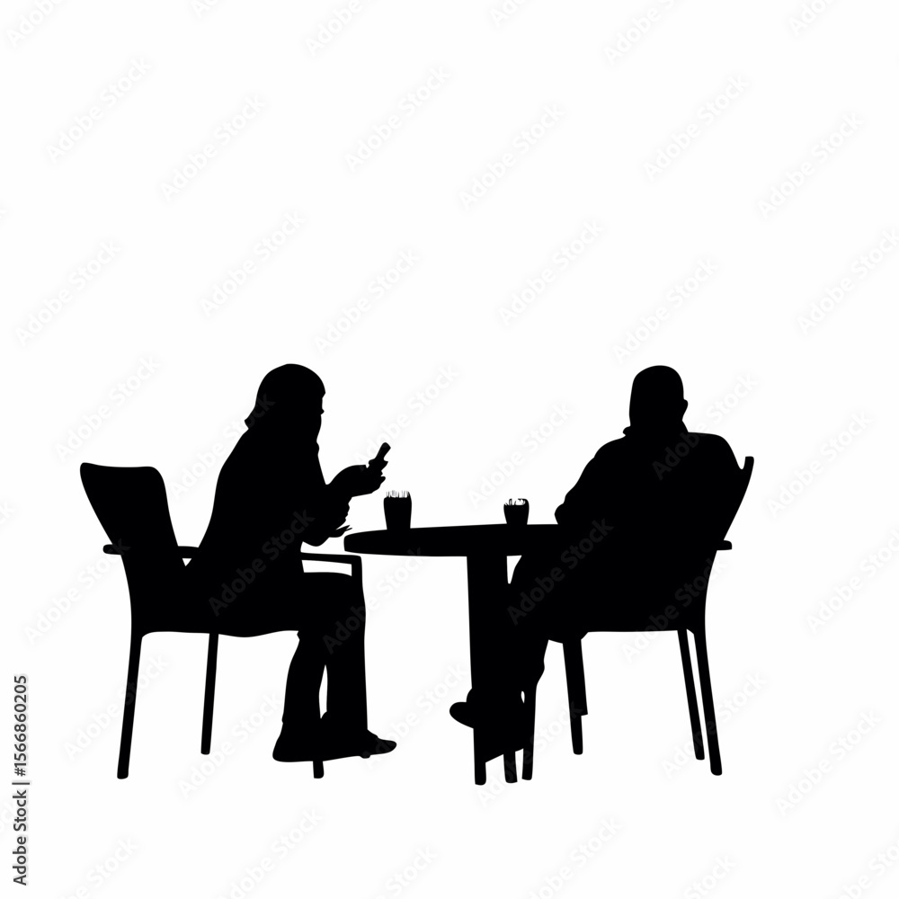 Poster silhouette of two people sitting at a table with drinks and a phone in a minimalist black and white 