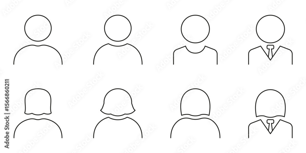 Poster user profile avatar line icon set. diverse user and identity outline symbol collection. minimalist d