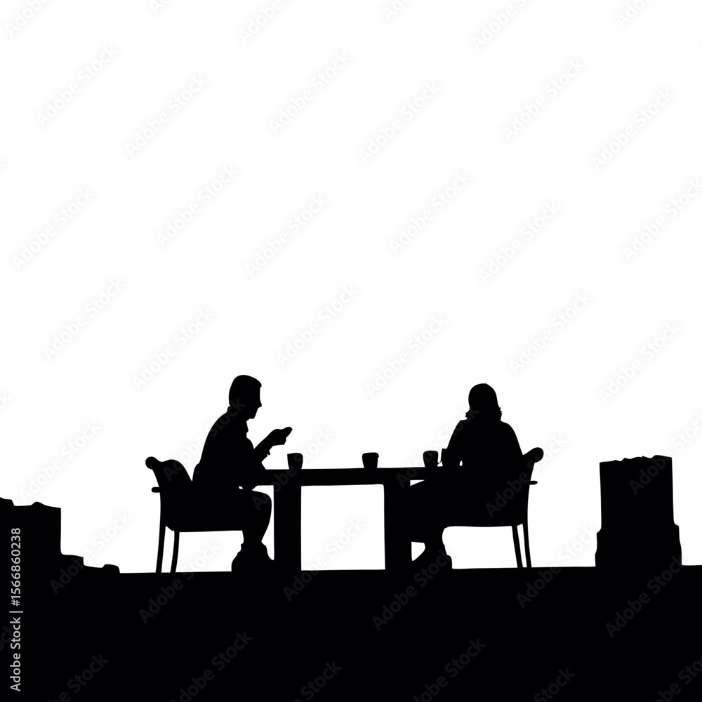 Poster silhouette of two people sitting at a table with drinks in an outdoor setting with a white backgroun