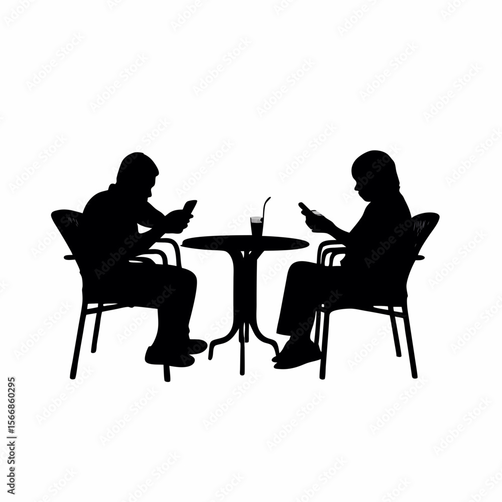 Poster silhouette of two people sitting at a table using their phones with a drink between them in black an