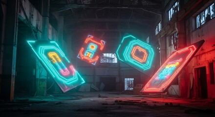 Neon Geometric Shapes Glowing in Abandoned Building Interior