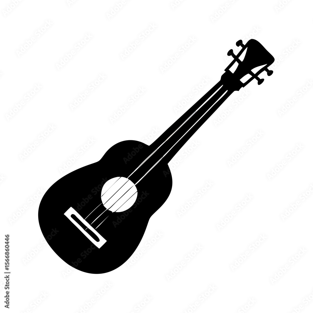 Poster illustration of a black ukulele with strings and tuning pegs on a white background design style crea