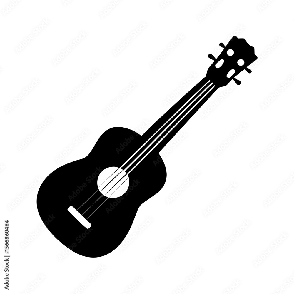 Poster illustration of a black ukulele with strings and tuning pegs isolated on a white background design e