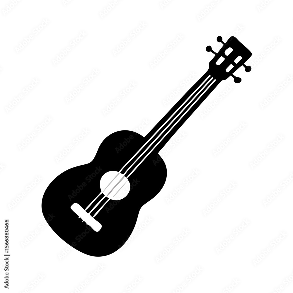 Poster a black and white illustration of a ukulele with strings and tuning pegs on a white background image
