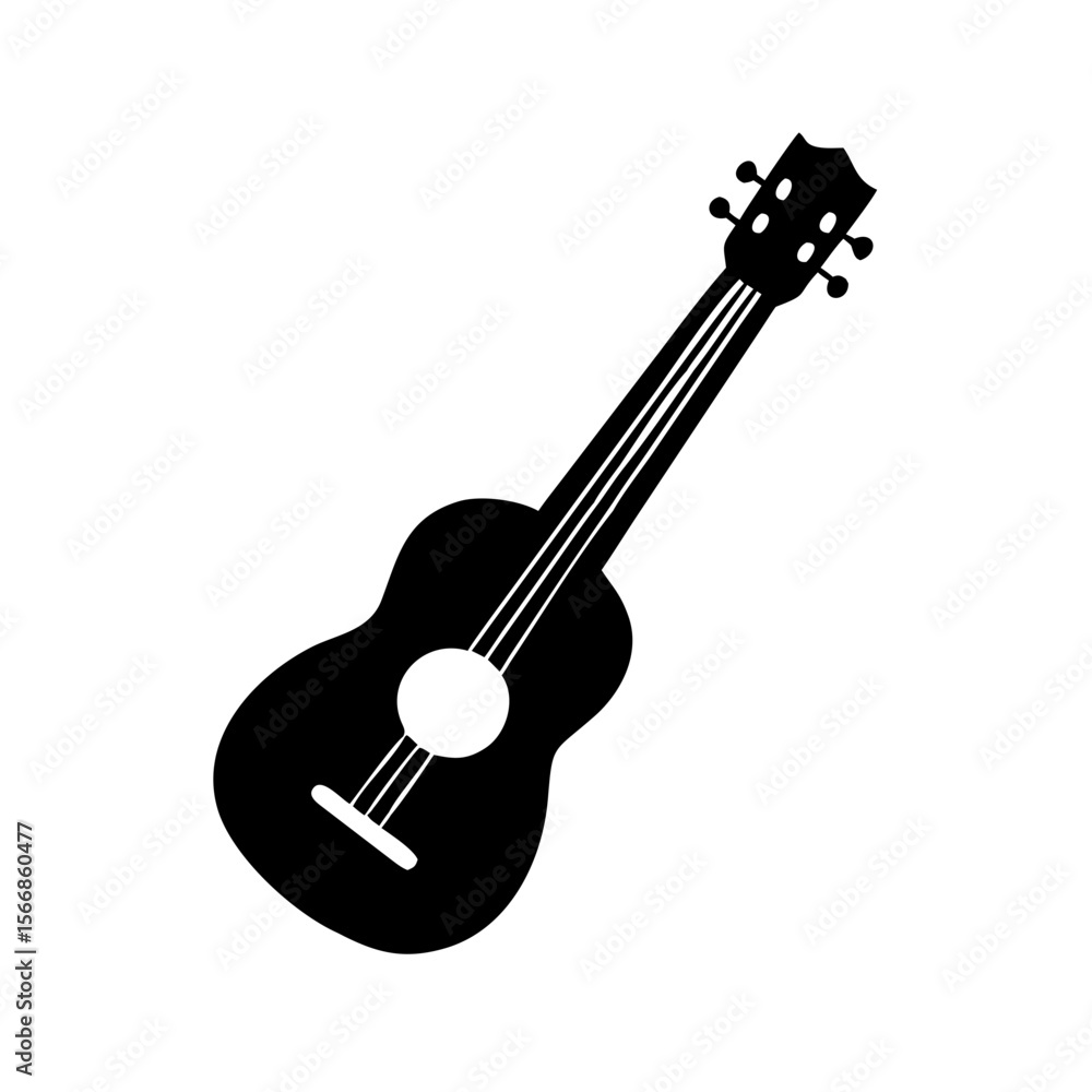 Poster silhouette of a ukulele with strings and tuning pegs on a white background musical instrument design