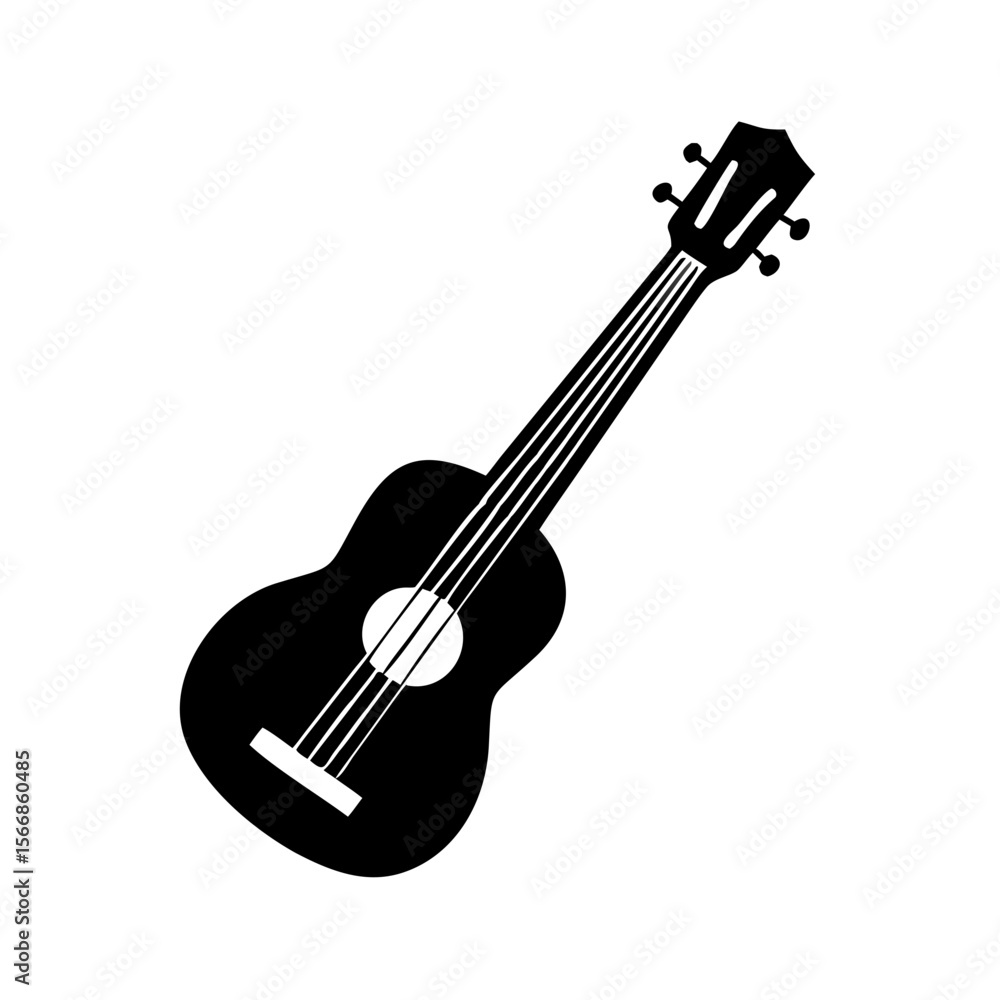 Poster illustration of a black ukulele with four strings and tuning pegs on a white background image design