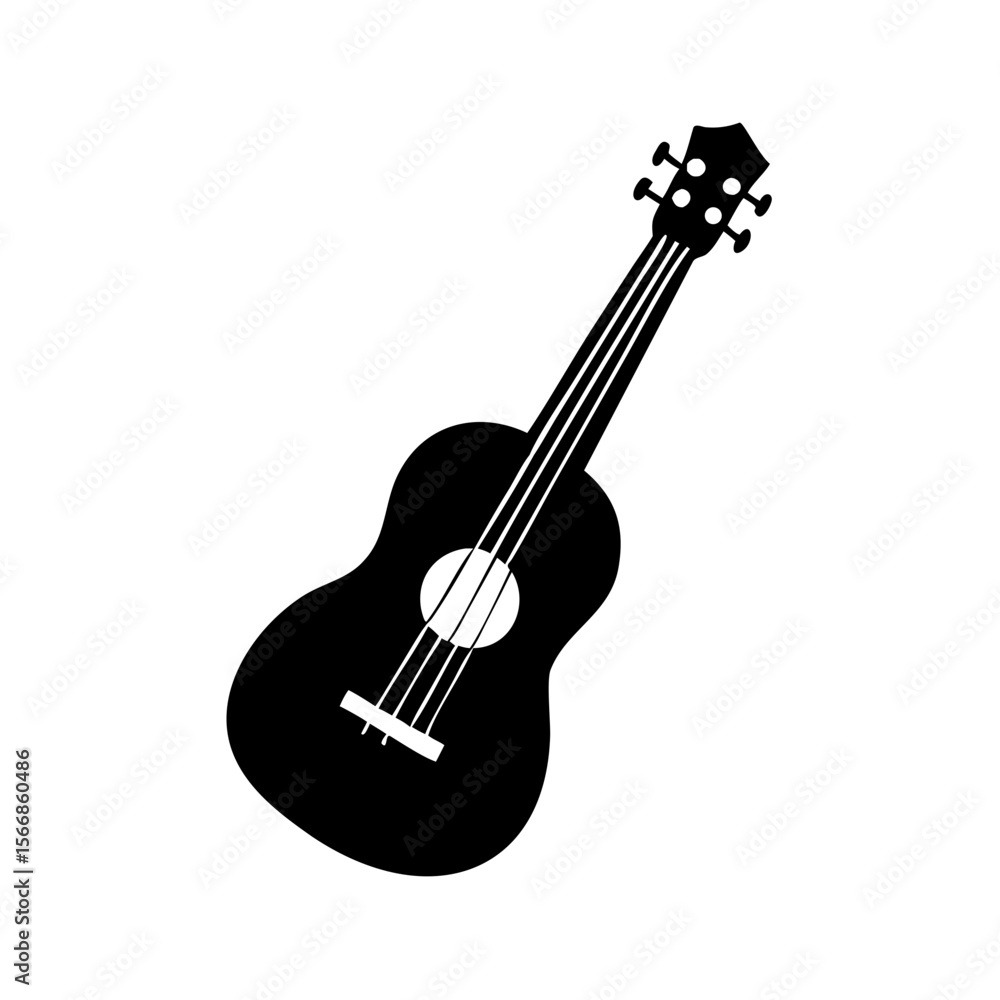 Poster illustration of a black ukulele with strings and tuning pegs on a white background design element cr