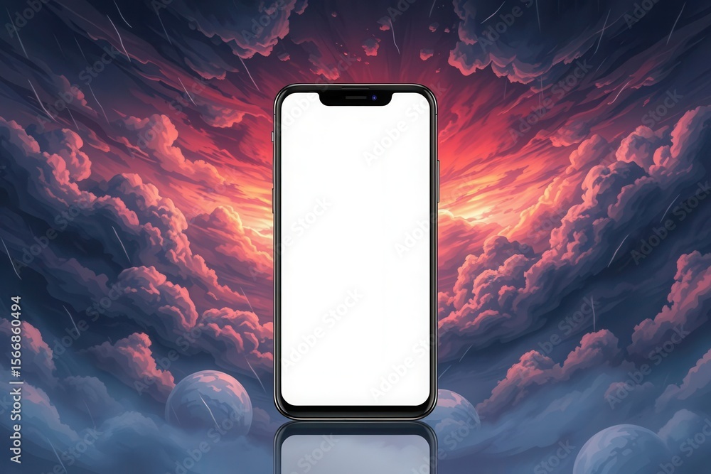 Poster phone display against a surreal cloudy landscape with dreamy and ethereal background elements.