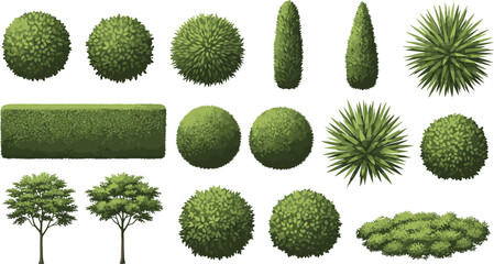 Diverse set of topiary trees, various evergreen shrubs, and garden bush illustrations, perfect for landscape design, architectural plans, and outdoor environment projects.