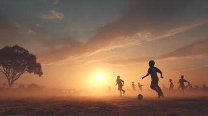 Joyful Kids Soccer Game at Sunset Silhouette Golden Light Dust Action Energy Community Youth Sport