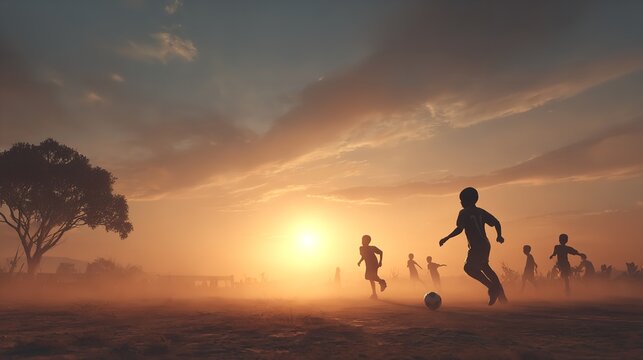 Joyful Kids Soccer Game at Sunset Silhouette Golden Light Dust Action Energy Community Youth Sport