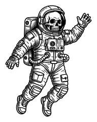 Macabre Skull Inside Astronaut Suit Floating in Space Black and White Outline Line Art Drawing
