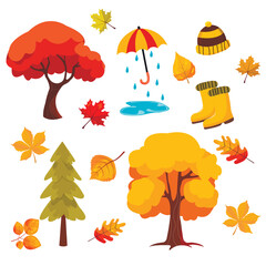 set of autumn stickers trees, leaves, umbrella, boots on a white background