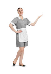 Full-length portrait of happy chambermaid on white background