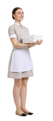 Chambermaid with stack of clean towels on white background