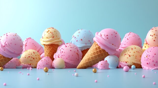 A vibrant array of ice cream cones in various flavors and colors, inviting joy