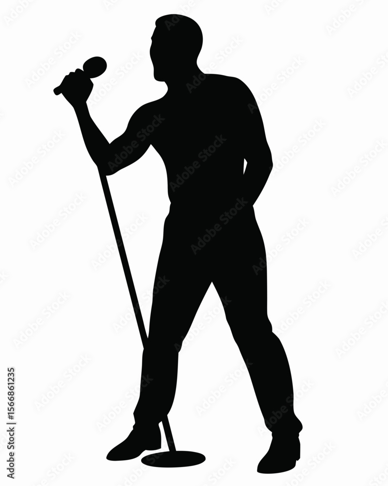 Poster silhouette of a man singing into a microphone on a stand in a full body shot on a white background c