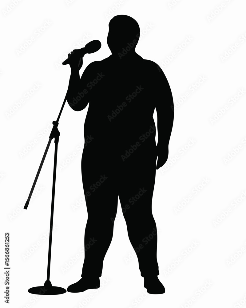 Poster silhouette of a singer holding a microphone on a stand performing on stage in front of an audience v