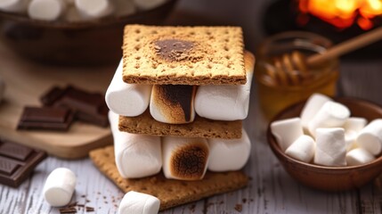 Delightful moment of roasting marshmallows over a warm fire with friends and sweets