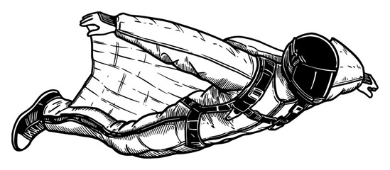 Man Wingsuit Flying Skydiving Adrenaline Sport Black and White Outline Line Art Drawing Extreme