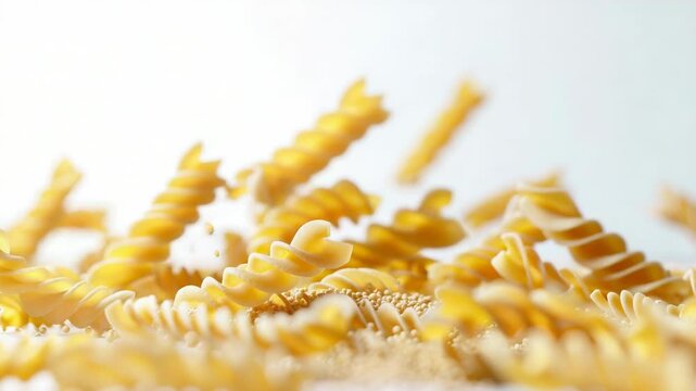 A close-up shot of various types of pasta falling from above