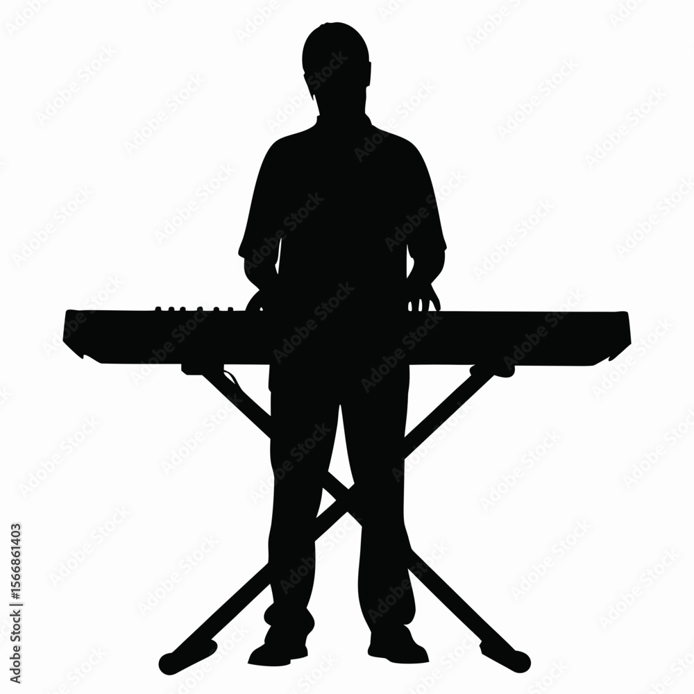 Poster silhouette of a musician playing a keyboard on a stand in a studio setting with a white background c