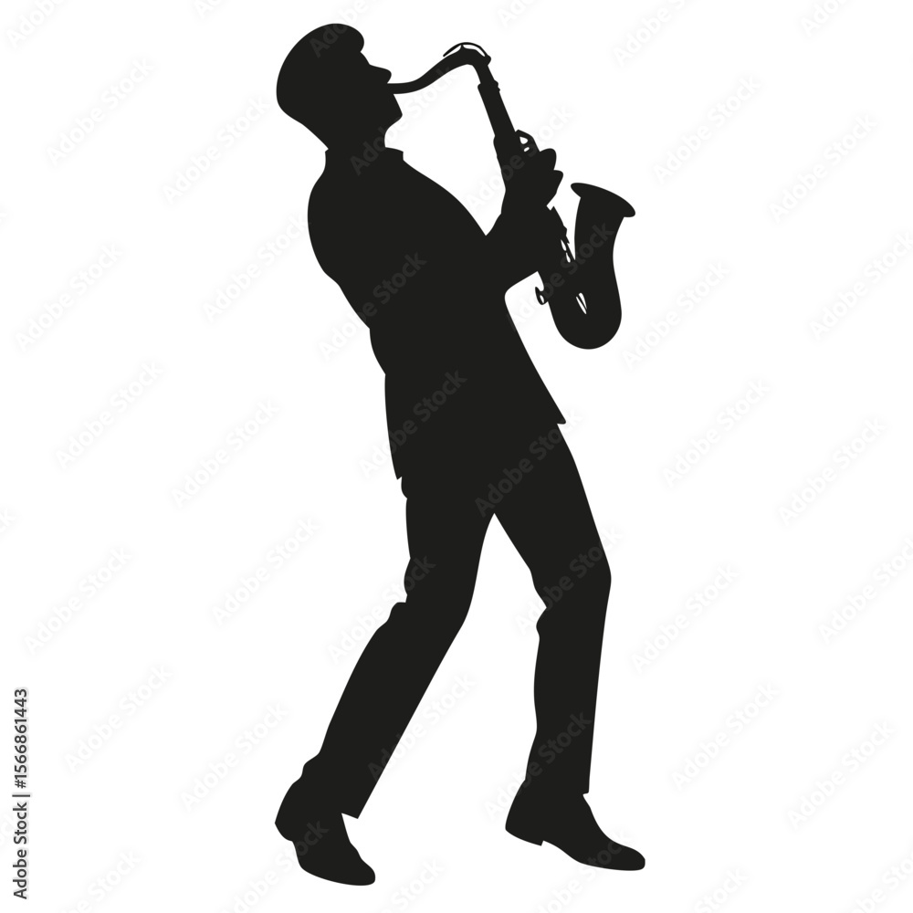 Poster silhouette of a man in a suit playing a saxophone with a hat and shoes on a white background image c