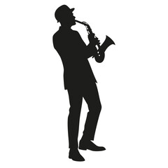 Naklejka premium Silhouette of a man in a suit and hat playing the saxophone against a white background image here created with generated ai