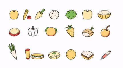 hand-drawn food doodle icons with vegetables, fruits, and kitchen items