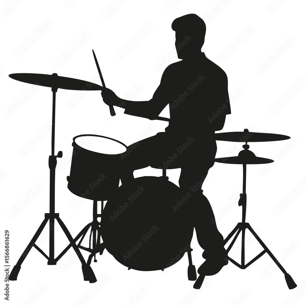 Poster silhouette of a drummer playing a drum set with cymbals and drumsticks in a studio setting performin
